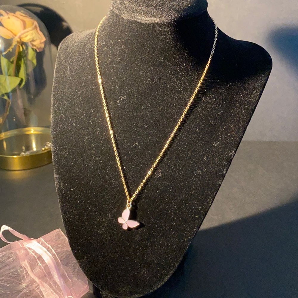 Pretty Purple Butterfly Charm on Golden Necklace
